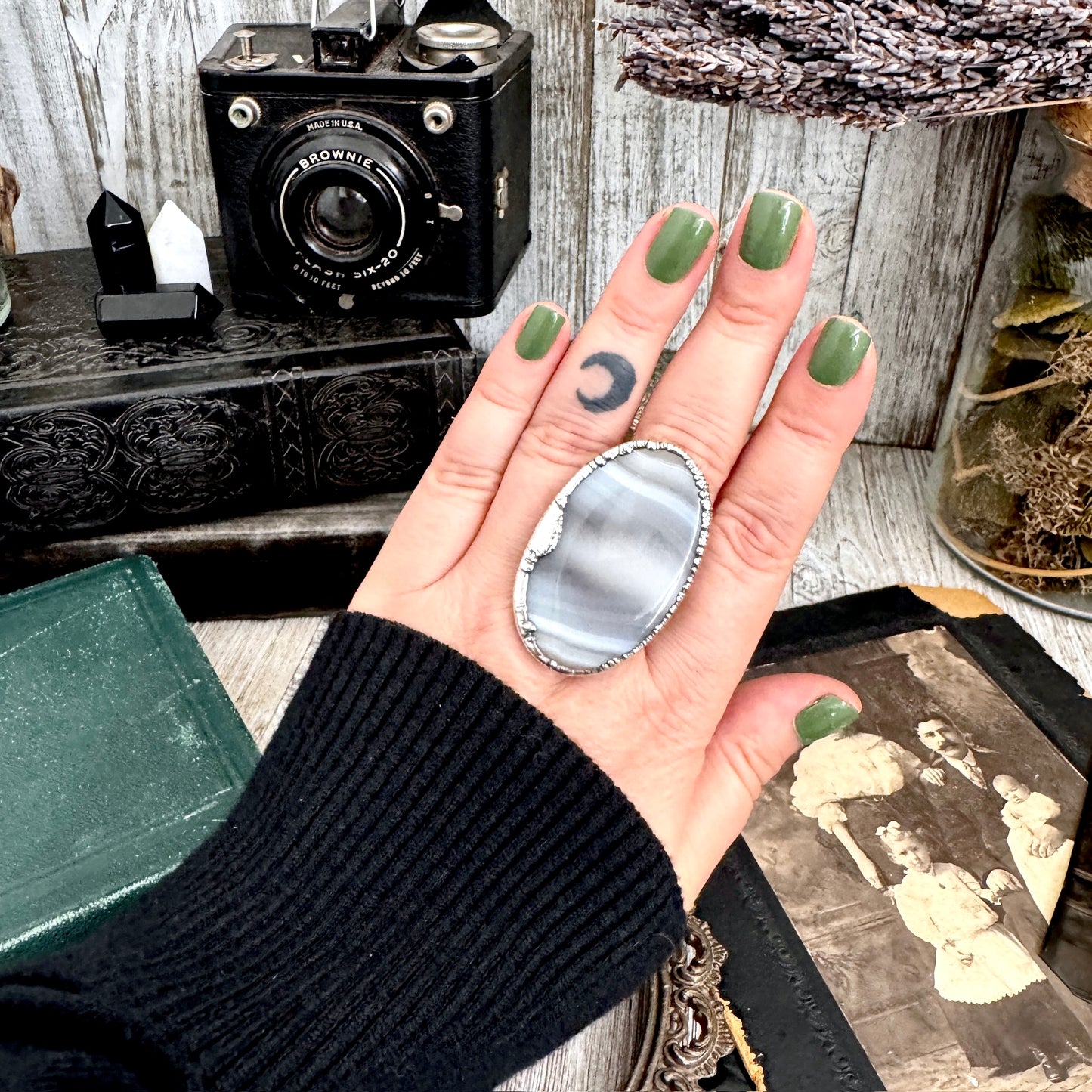 The Colossal Collection - Blue Banded Agate Crystal Ring Set in Fine Silver Size 11 / One of a Kind