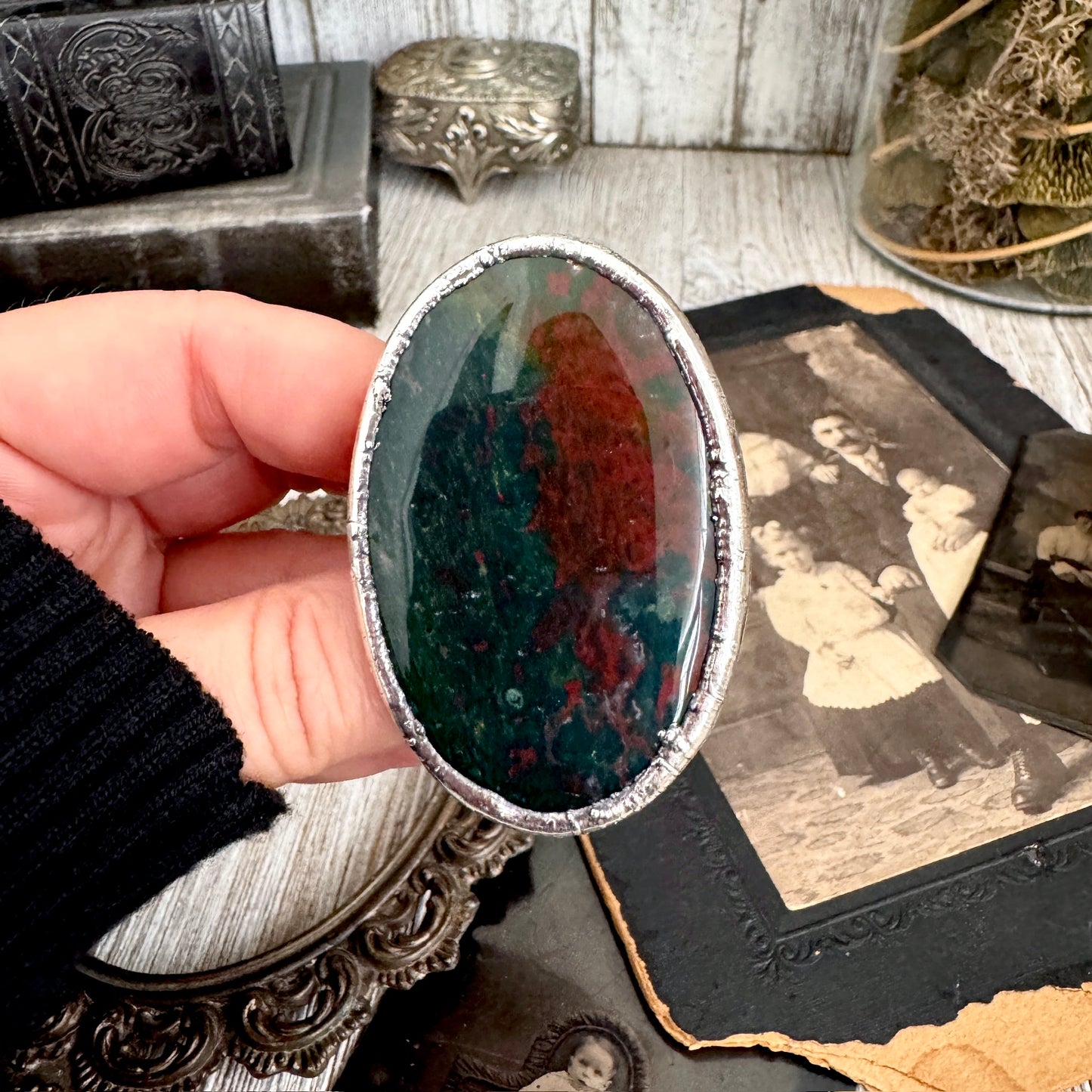 The Colossal Collection - Bloodstone Crystal Statement Ring Size 9 Fine Silver / One Of A Kind FOXLARK
