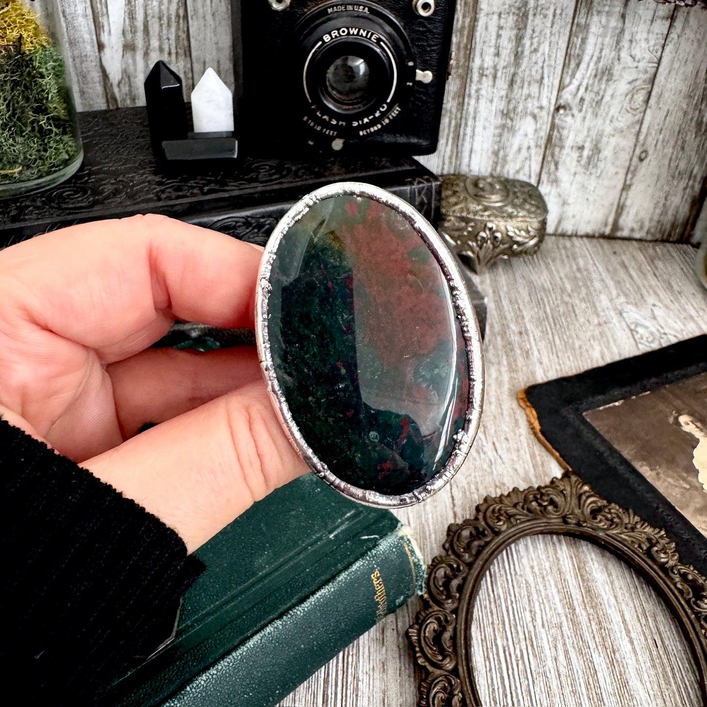 The Colossal Collection - Bloodstone Crystal Statement Ring Size 9 Fine Silver / One Of A Kind FOXLARK