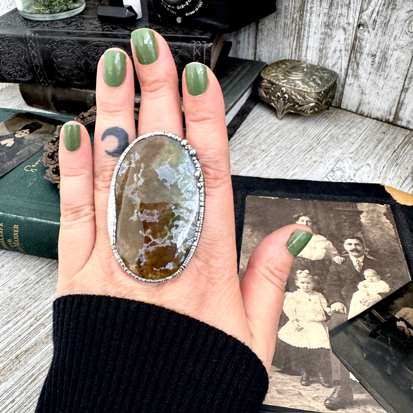 The Colossal Collection - Fancy Moss Agate Crystal Ring Fine Silver Size 9 / Foxlark Collection - One of a Kind