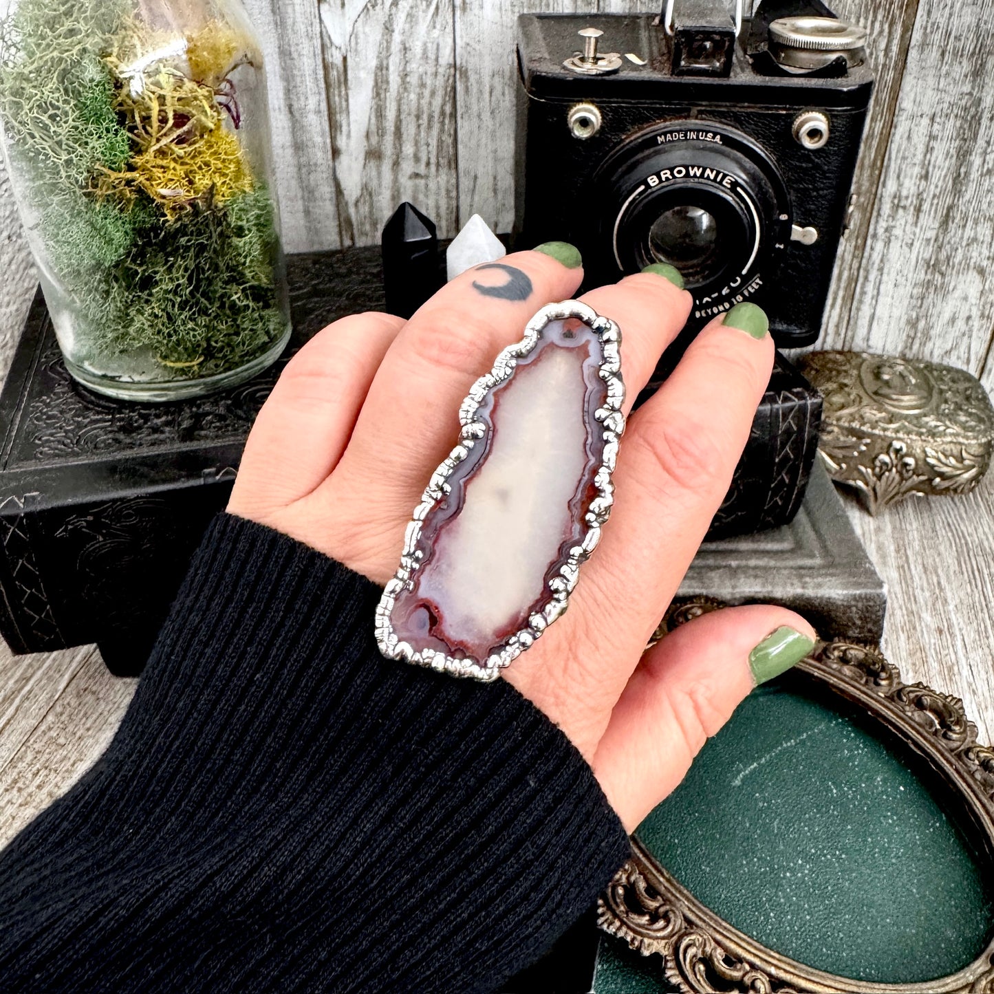The Colossal Collection - Agate Slice Crystal Ring Fine Silver Size 9.5 / One of a Kind