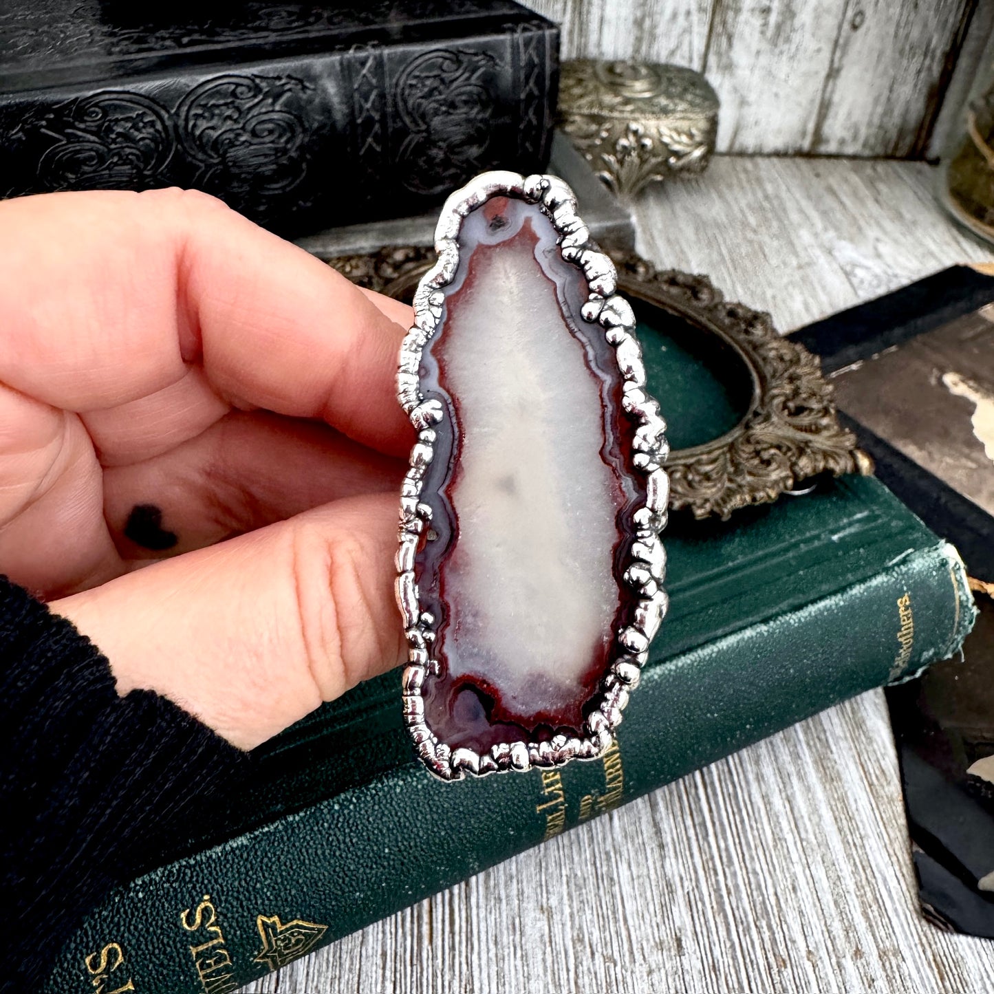 The Colossal Collection - Agate Slice Crystal Ring Fine Silver Size 9.5 / One of a Kind