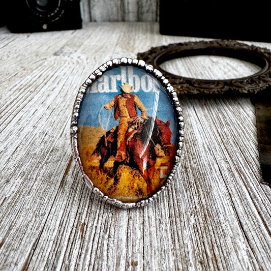 Road To Nowhere  - Cowboy and Horse Vintage Cigarette AD Ring Fine Silver Size 10.5 / One of a Kind