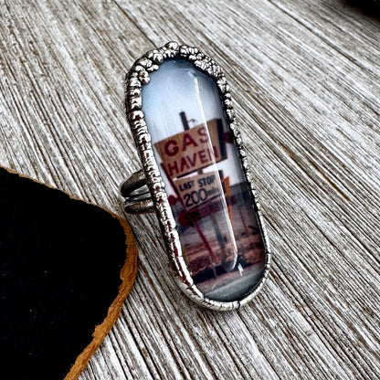 Road To Nowhere  - Gas Station Road Sign Ring Fine Silver Size 6.5 / One of a Kind