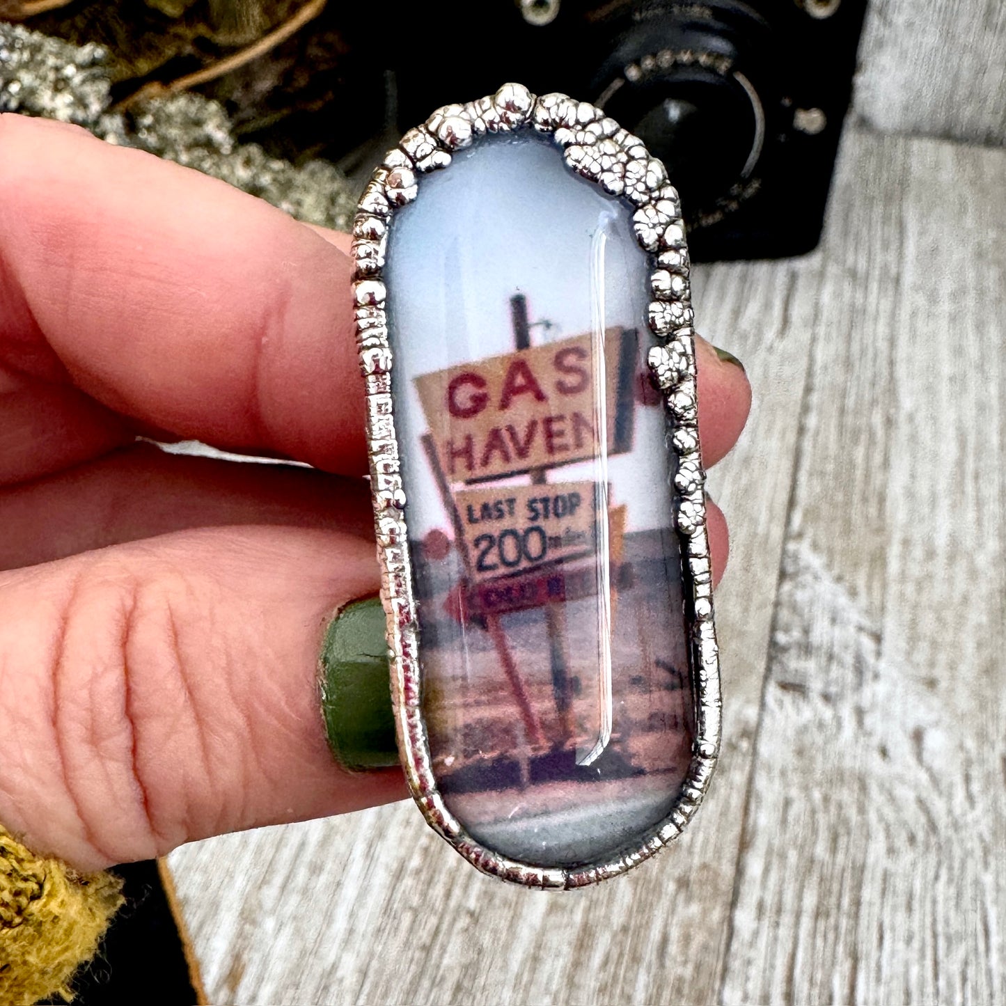 Road To Nowhere  - Gas Station Road Sign Ring Fine Silver Size 6.5 / One of a Kind