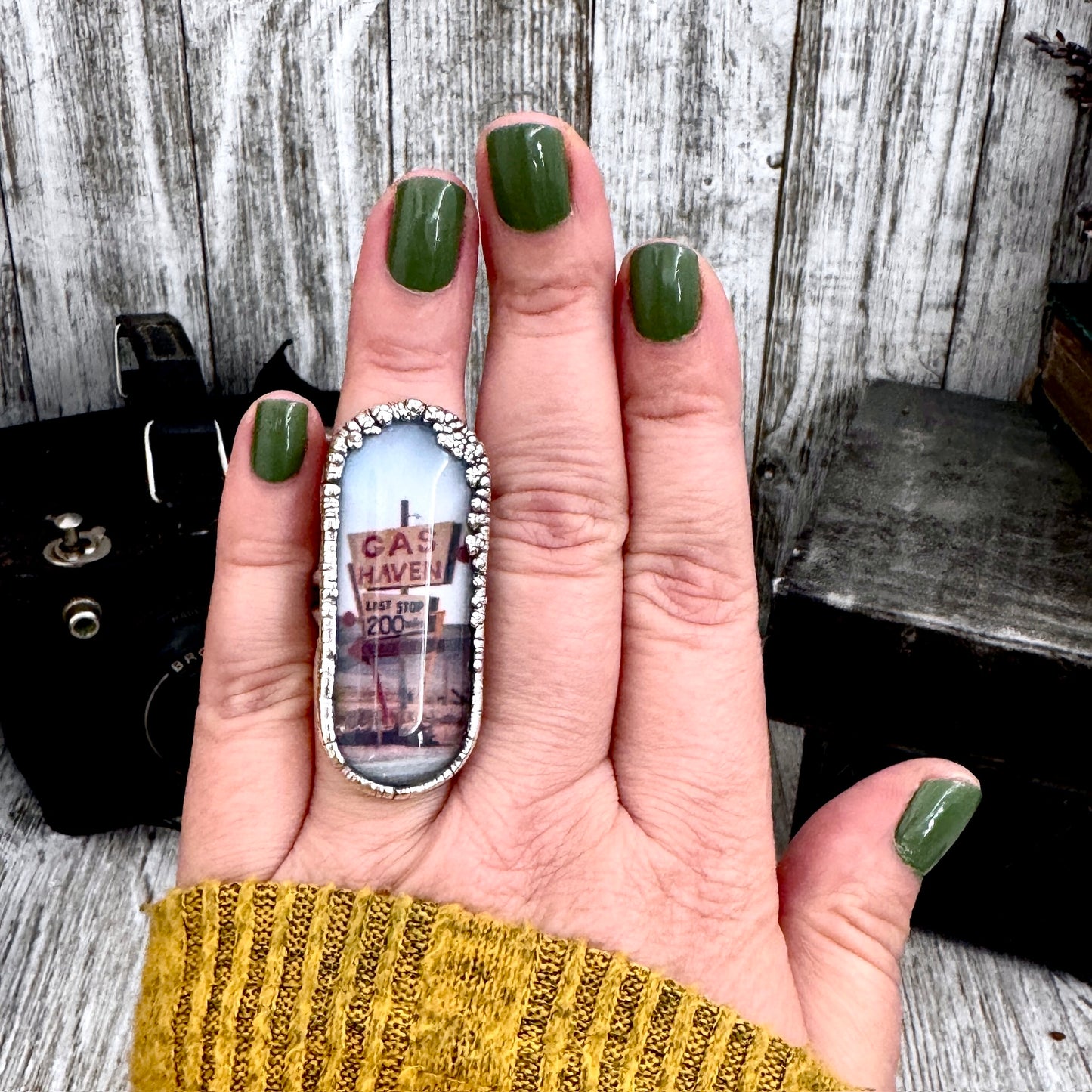 Road To Nowhere  - Gas Station Road Sign Ring Fine Silver Size 6.5 / One of a Kind