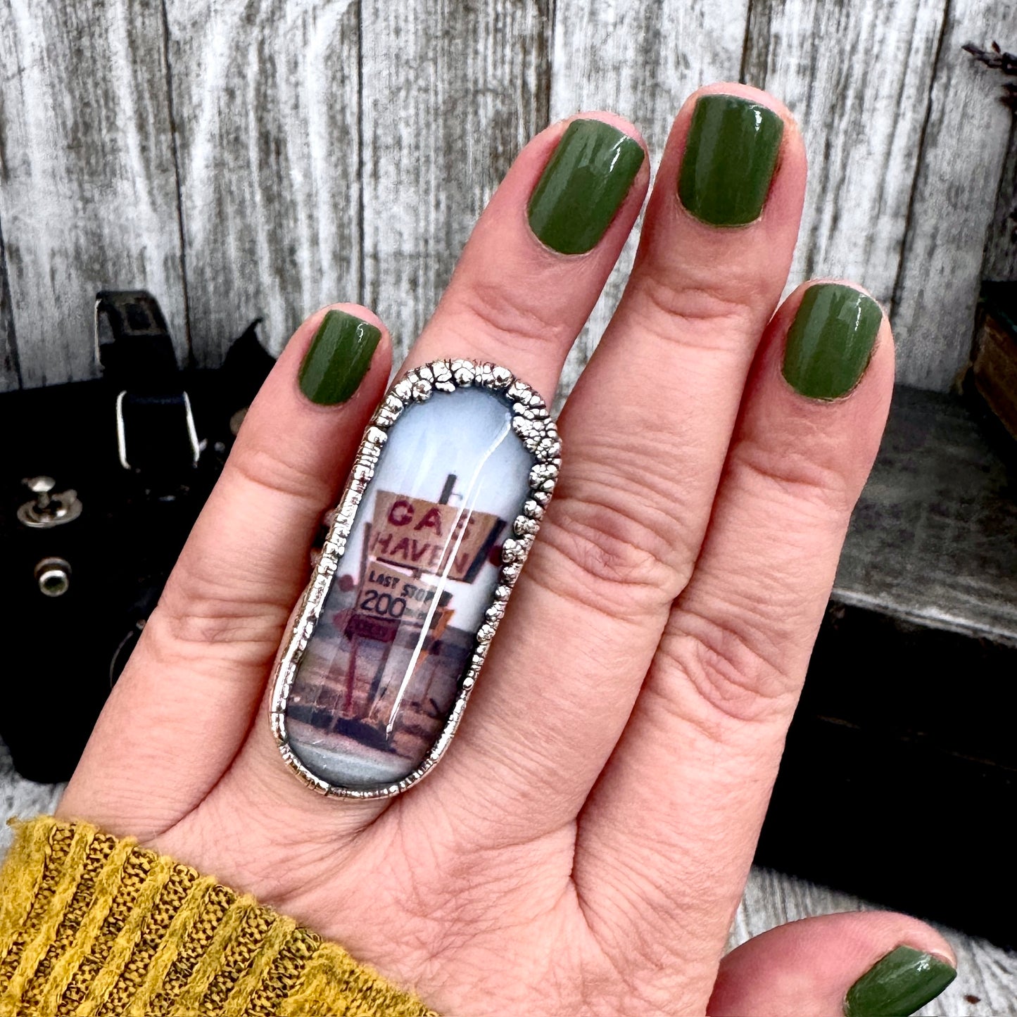 Road To Nowhere  - Gas Station Road Sign Ring Fine Silver Size 6.5 / One of a Kind
