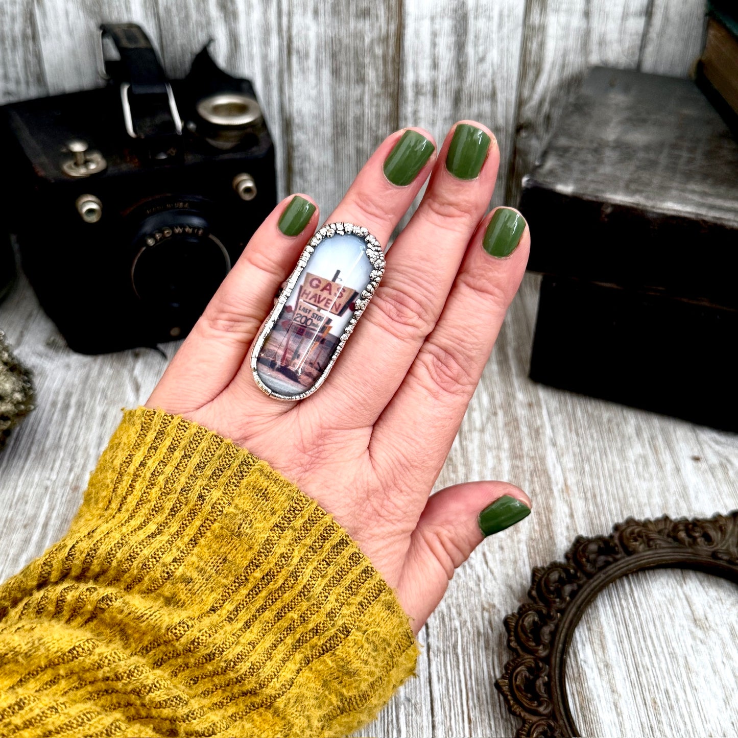 Road To Nowhere  - Gas Station Road Sign Ring Fine Silver Size 6.5 / One of a Kind