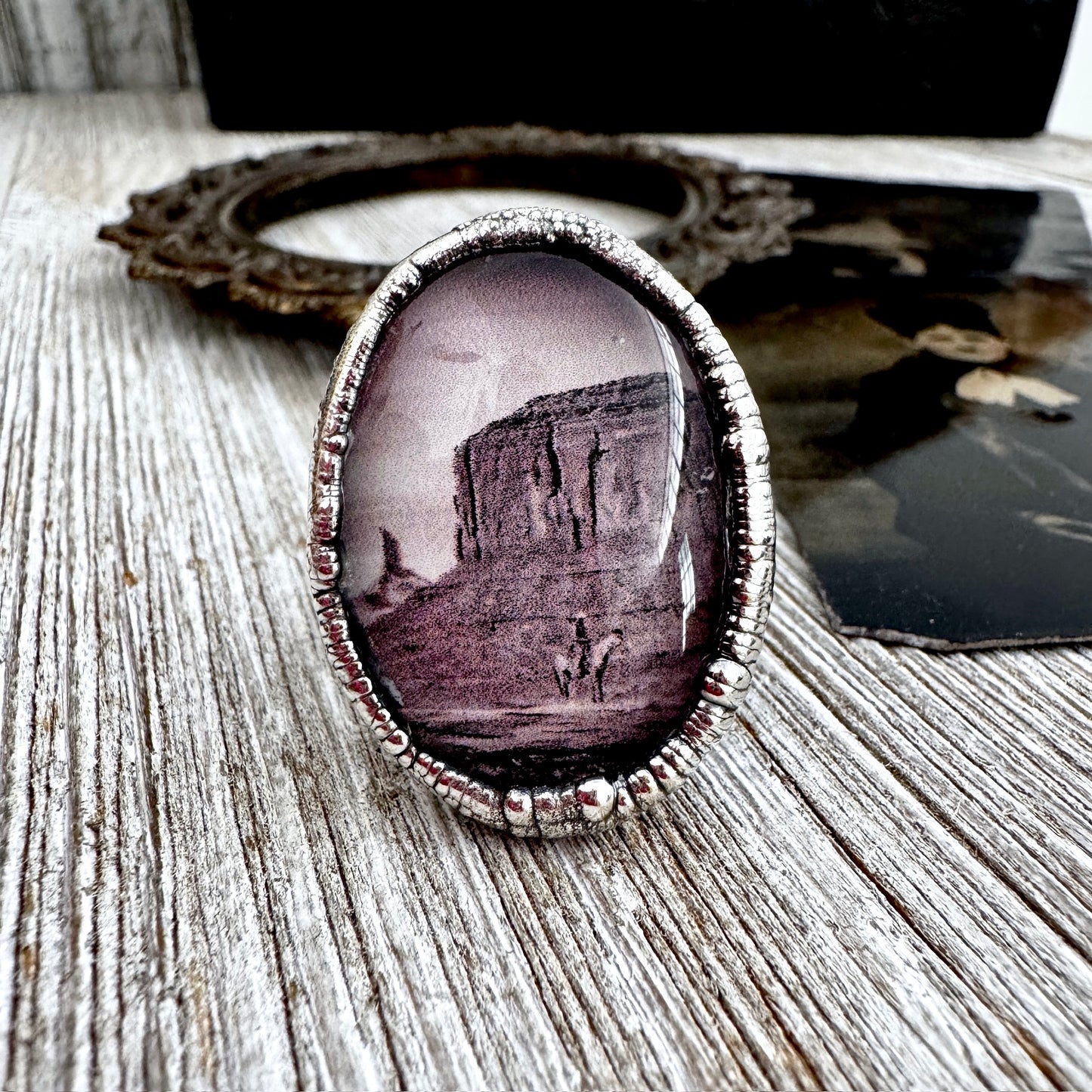 Road To Nowhere  - Cowboy on Horse in Desert Ring Fine Silver Size 9 / One of a Kind
