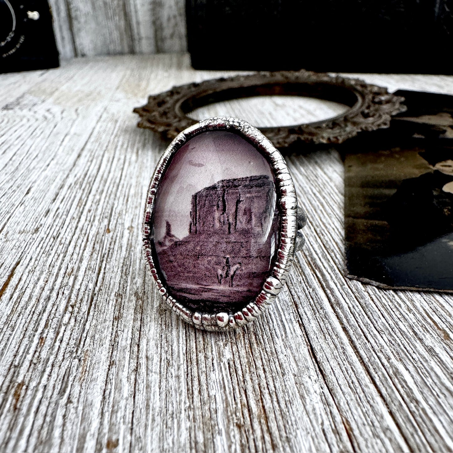 Road To Nowhere  - Cowboy on Horse in Desert Ring Fine Silver Size 9 / One of a Kind
