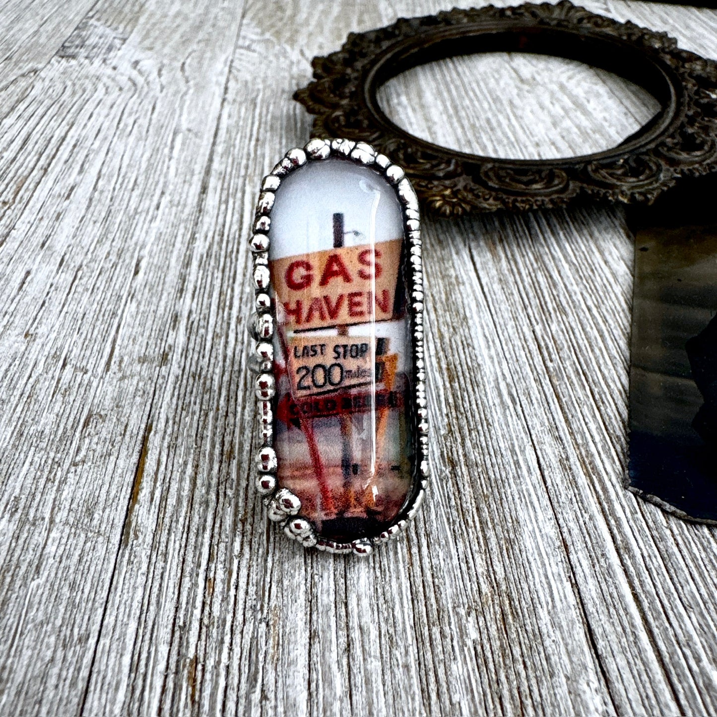 Road To Nowhere - Gas Station Last Stop Road Sign Ring Fine Silver Size 9 / One of a Kind