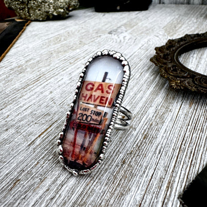 Road To Nowhere - Gas Station Last Stop Road Sign Ring Fine Silver Size 9 / One of a Kind