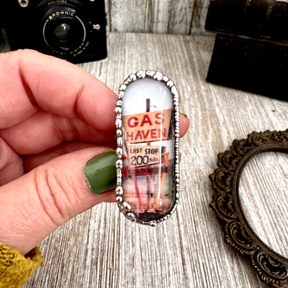Road To Nowhere - Gas Station Last Stop Road Sign Ring Fine Silver Size 9 / One of a Kind