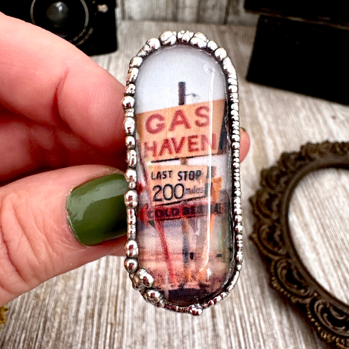 Road To Nowhere - Gas Station Last Stop Road Sign Ring Fine Silver Size 9 / One of a Kind