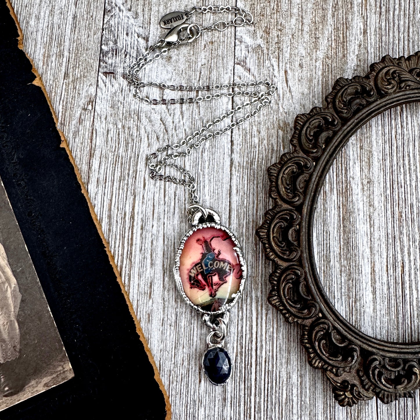Road To Nowhere - Cowboy Road Sign With Sapphire Charm Necklace Fine Silver - One of a Kind