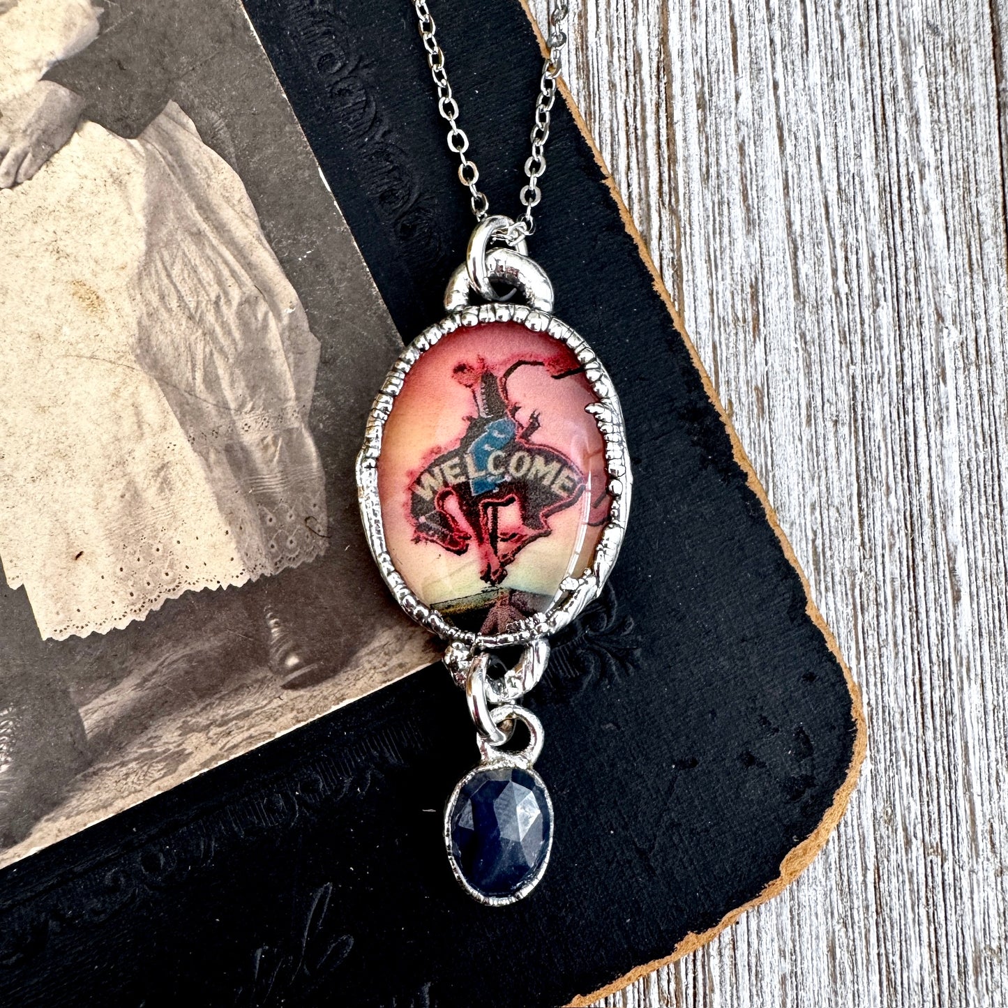 Road To Nowhere - Cowboy Road Sign With Sapphire Charm Necklace Fine Silver - One of a Kind