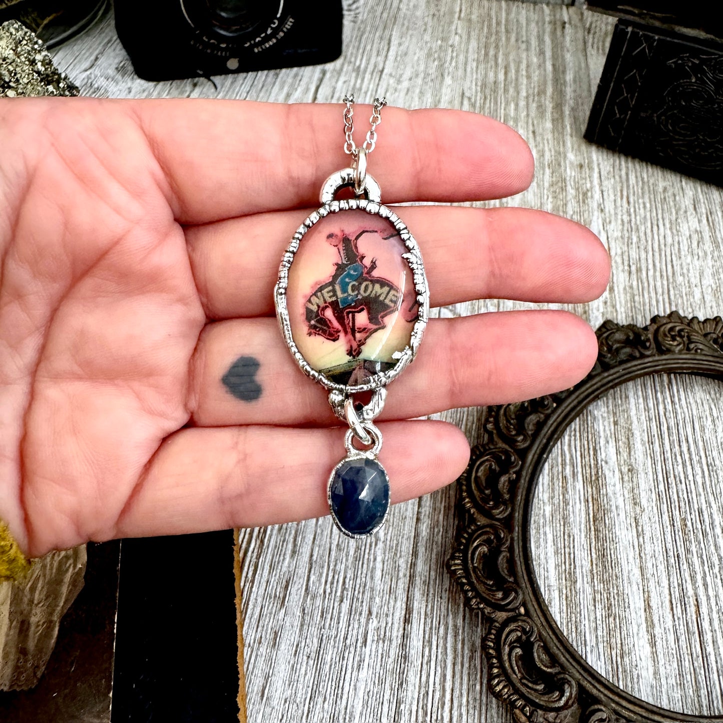 Road To Nowhere - Cowboy Road Sign With Sapphire Charm Necklace Fine Silver - One of a Kind