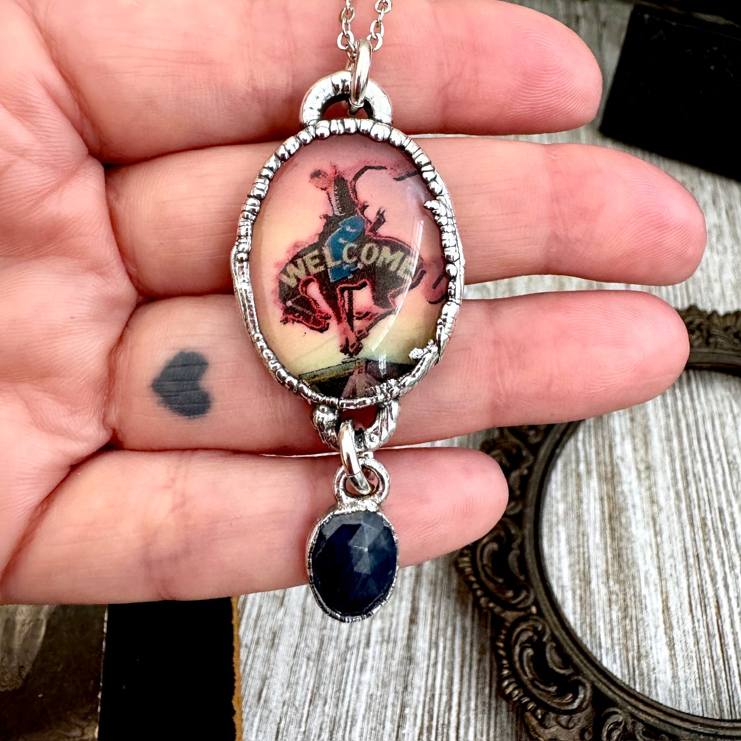 Road To Nowhere - Cowboy Road Sign With Sapphire Charm Necklace Fine Silver - One of a Kind
