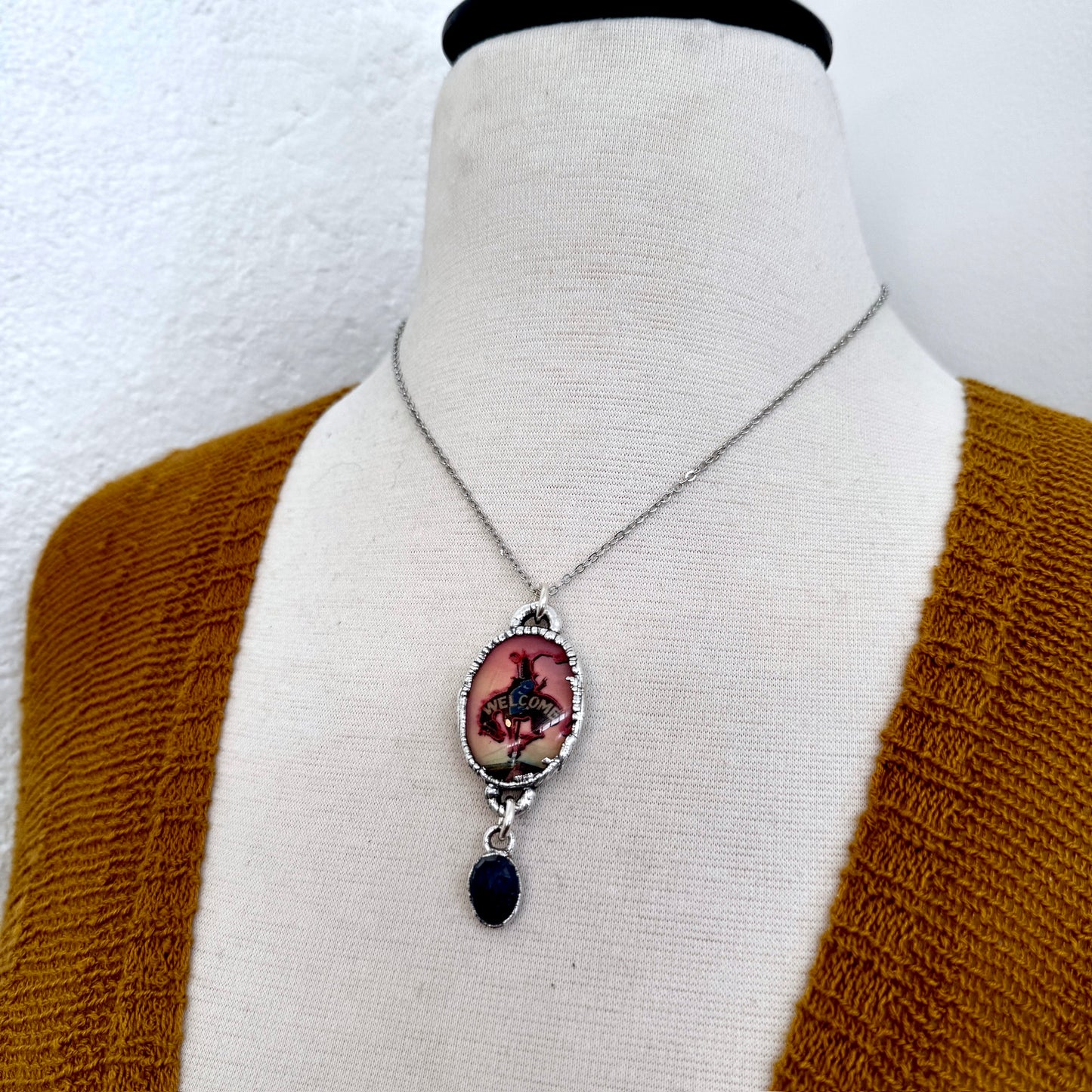 Road To Nowhere - Cowboy Road Sign With Sapphire Charm Necklace Fine Silver - One of a Kind