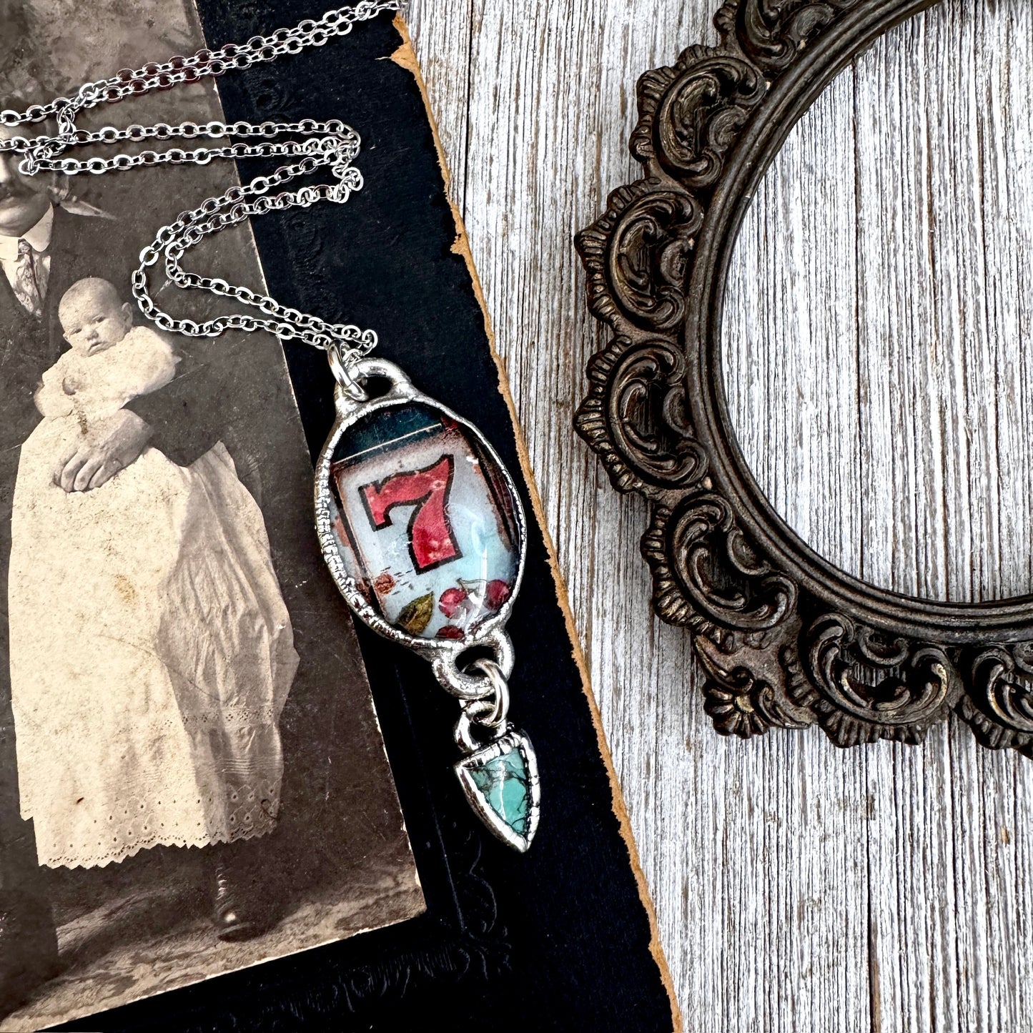 Road To Nowhere - Lucky Number 7 / Slot Machine With Turquoise Charm Necklace Fine Silver - One of a Kind