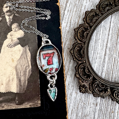 Road To Nowhere - Lucky Number 7 / Slot Machine With Turquoise Charm Necklace Fine Silver - One of a Kind