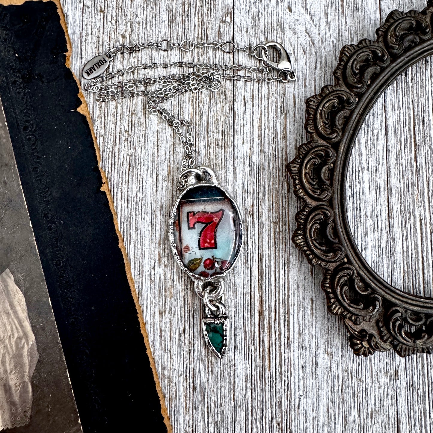 Road To Nowhere - Lucky Number 7 / Slot Machine With Turquoise Charm Necklace Fine Silver - One of a Kind