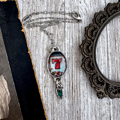 Road To Nowhere - Lucky Number 7 / Slot Machine With Turquoise Charm Necklace Fine Silver - One of a Kind