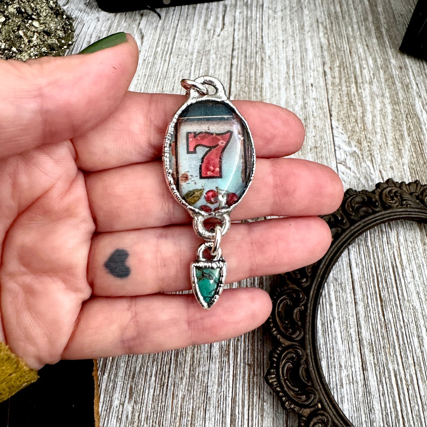 Road To Nowhere - Lucky Number 7 / Slot Machine With Turquoise Charm Necklace Fine Silver - One of a Kind