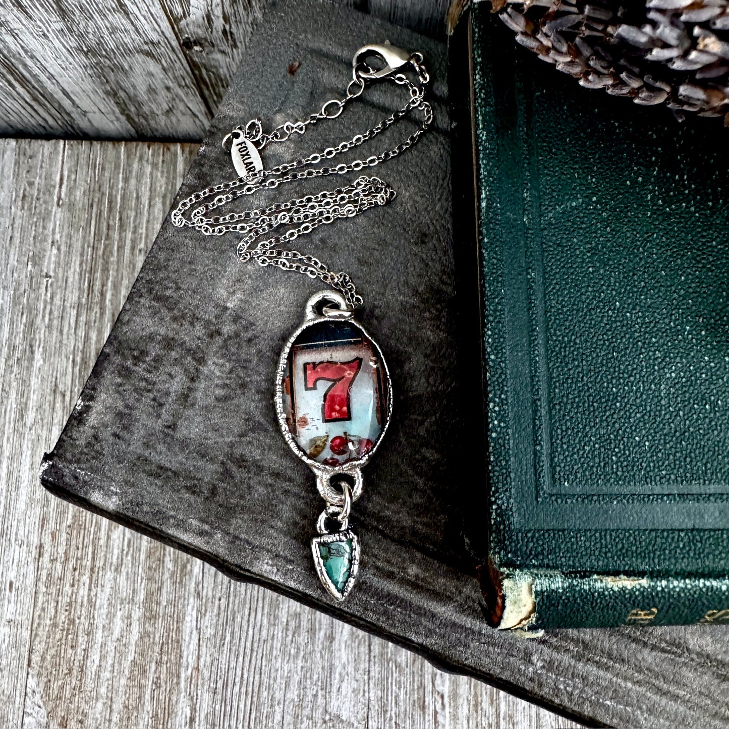 Road To Nowhere - Lucky Number 7 / Slot Machine With Turquoise Charm Necklace Fine Silver - One of a Kind