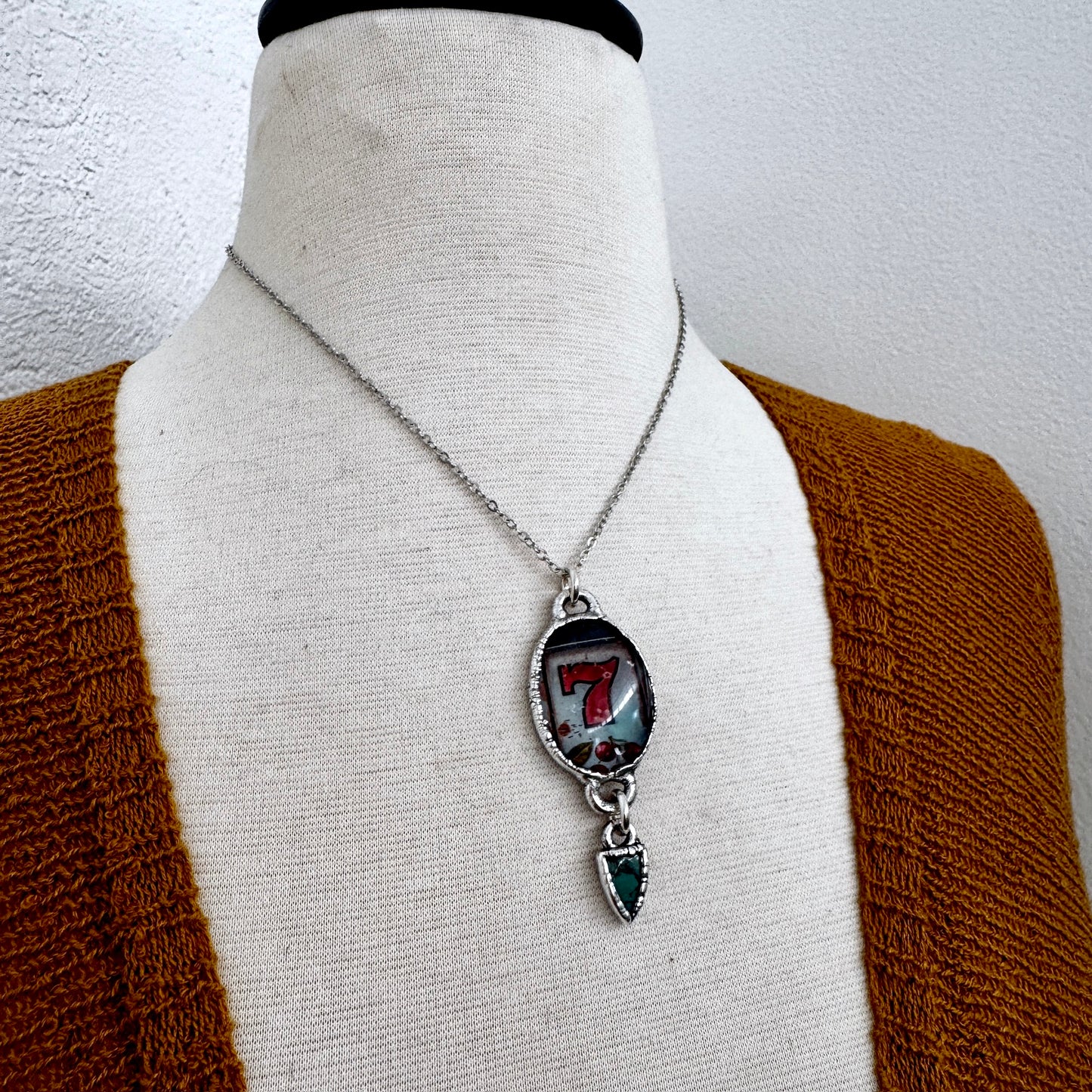Road To Nowhere - Lucky Number 7 / Slot Machine With Turquoise Charm Necklace Fine Silver - One of a Kind
