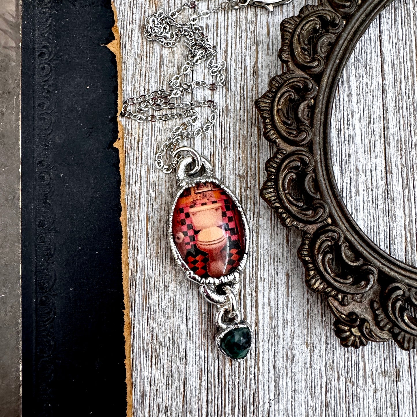 Road To Nowhere - Vintage Dive Bar Bathroom Toilet With Emerald Charm Necklace Fine Silver - One of a Kind