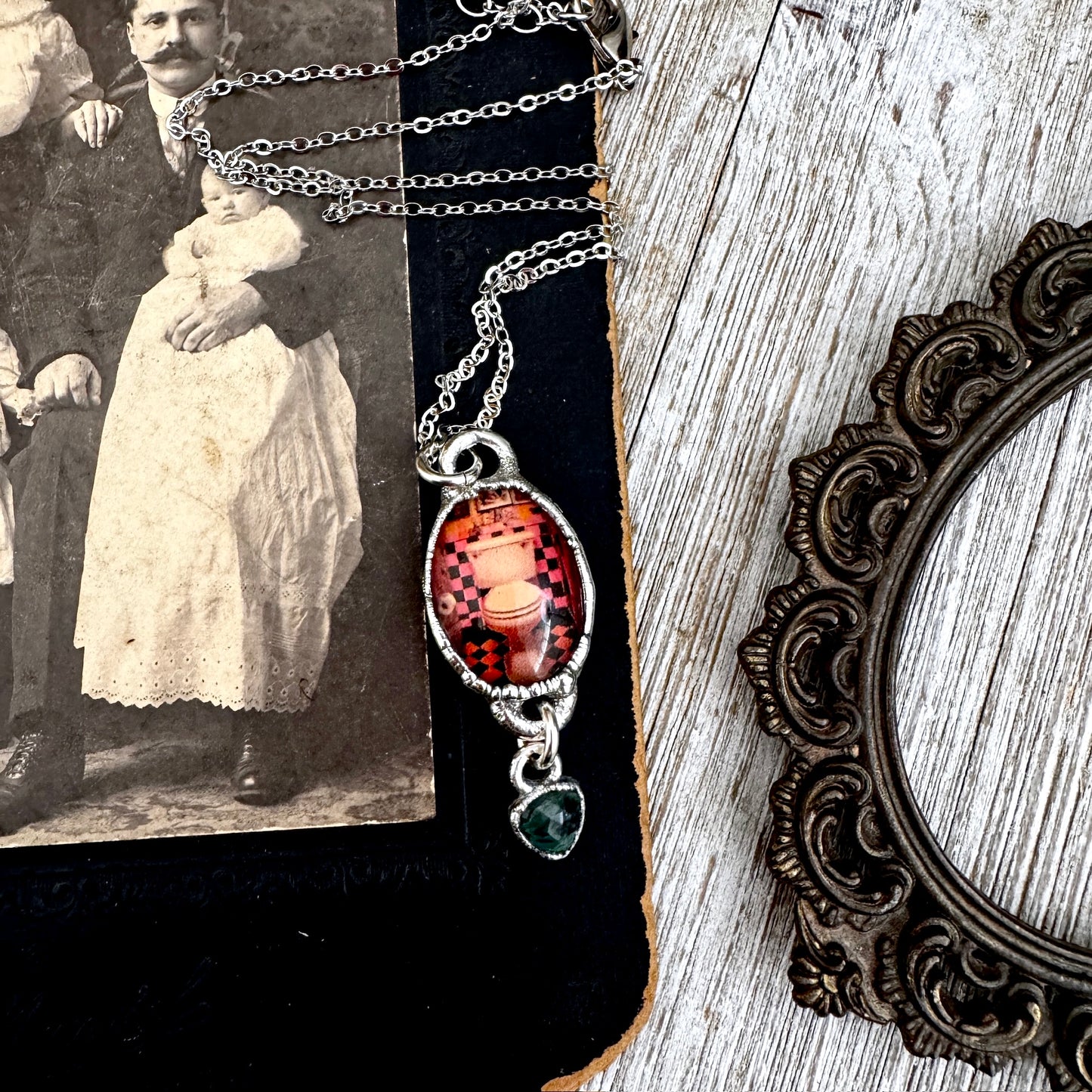 Road To Nowhere - Vintage Dive Bar Bathroom Toilet With Emerald Charm Necklace Fine Silver - One of a Kind