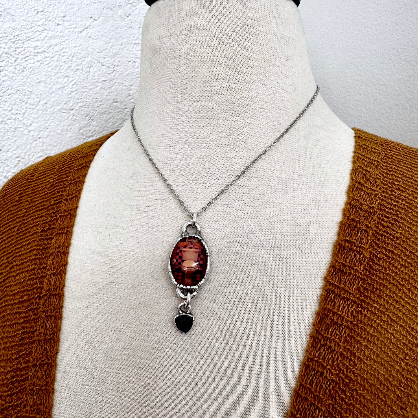 Road To Nowhere - Vintage Dive Bar Bathroom Toilet With Emerald Charm Necklace Fine Silver - One of a Kind