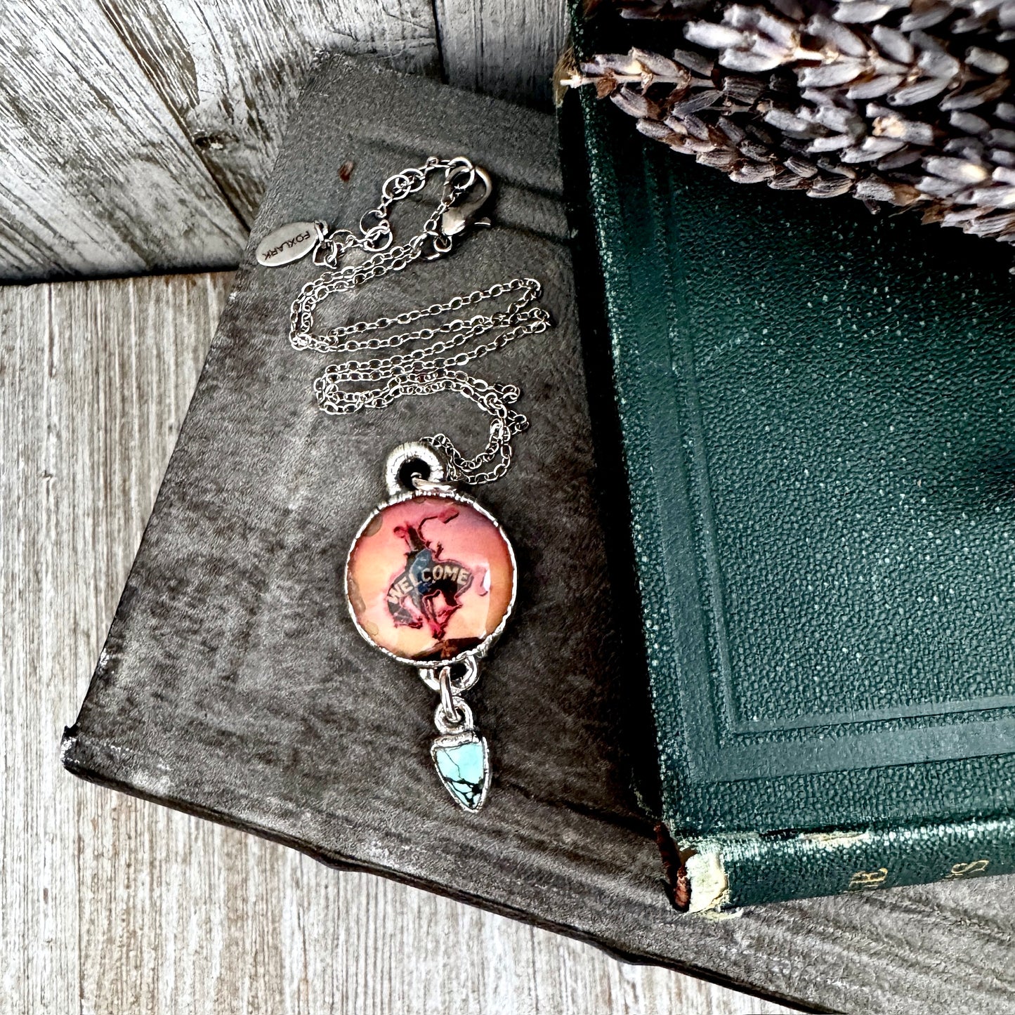 Road To Nowhere - Cowboy Road Sign With Turquoise Charm Necklace Fine Silver - One of a Kind