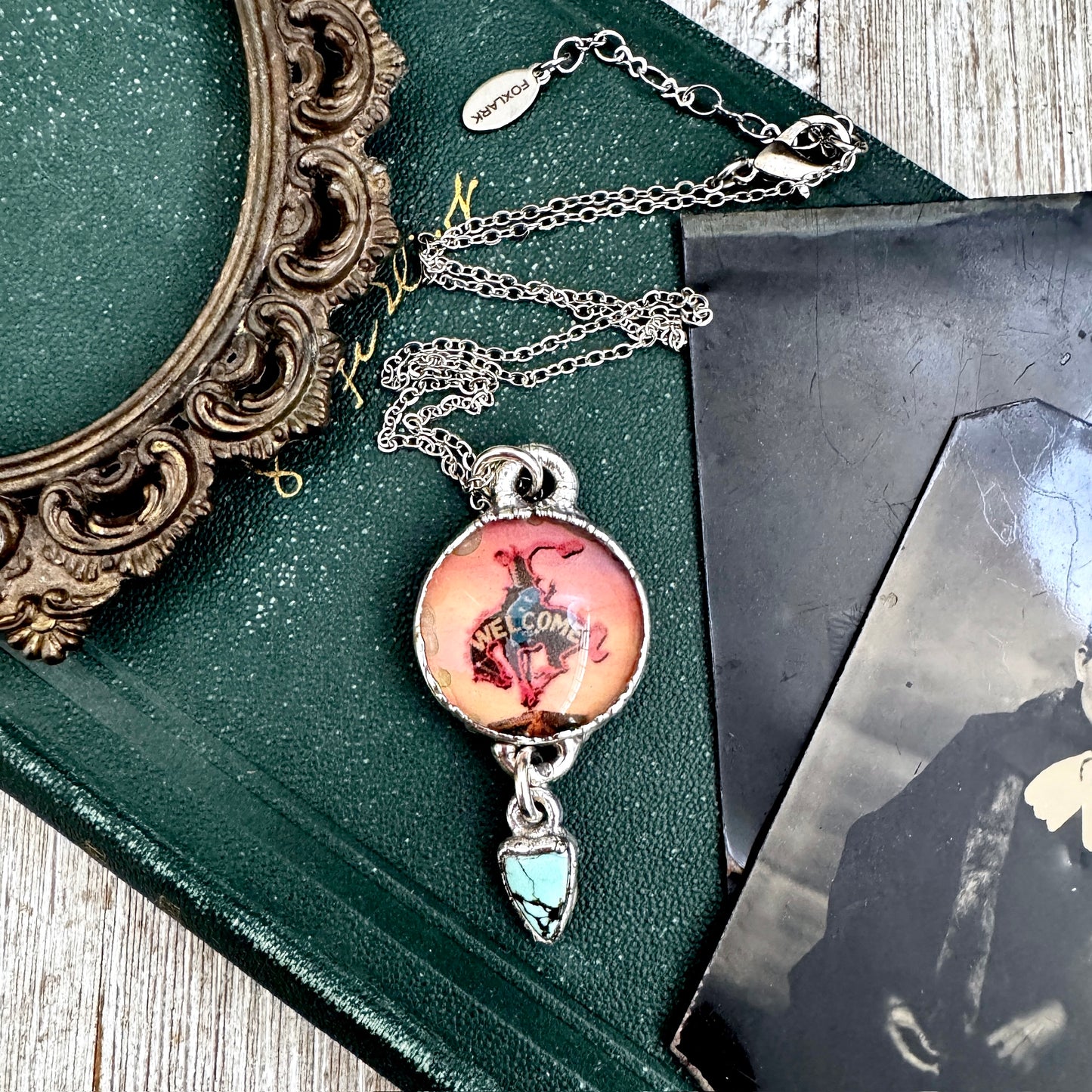 Road To Nowhere - Cowboy Road Sign With Turquoise Charm Necklace Fine Silver - One of a Kind