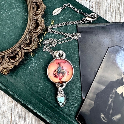 Road To Nowhere - Cowboy Road Sign With Turquoise Charm Necklace Fine Silver - One of a Kind