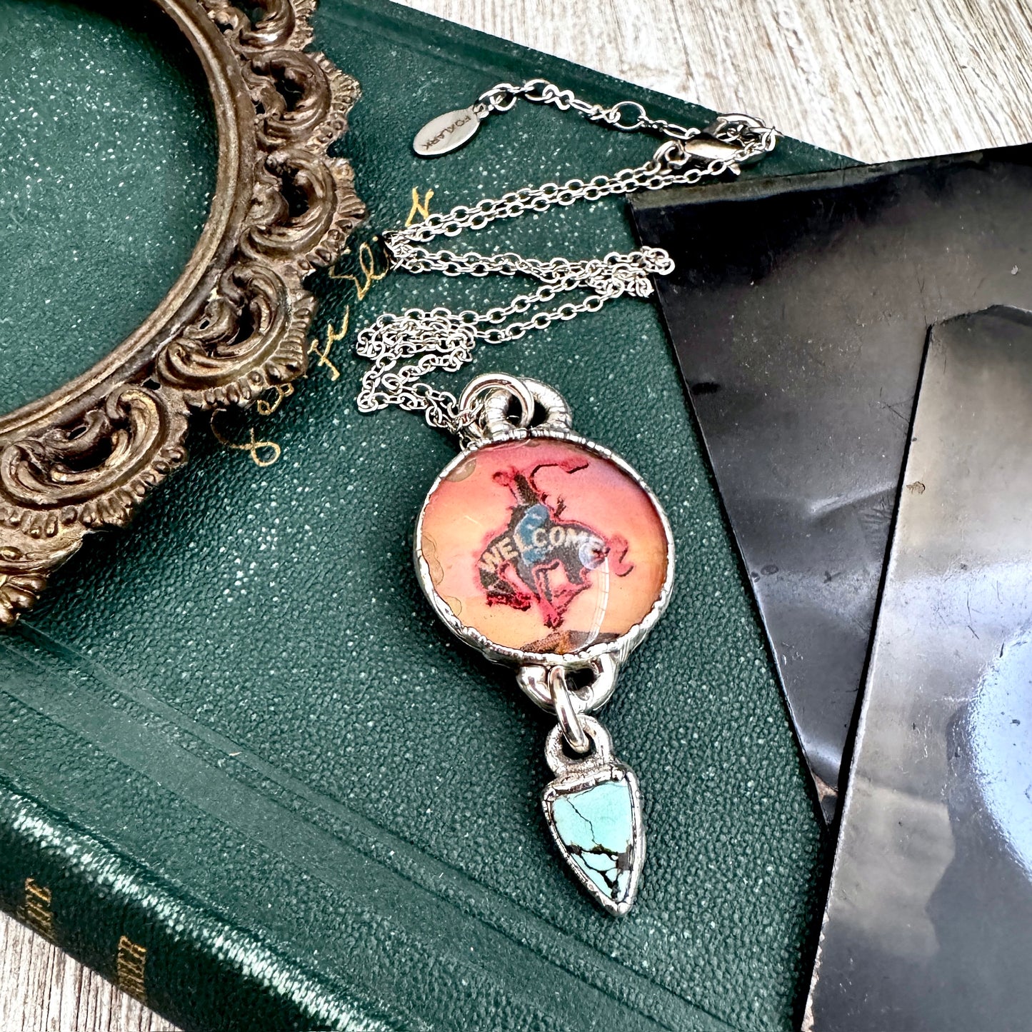Road To Nowhere - Cowboy Road Sign With Turquoise Charm Necklace Fine Silver - One of a Kind