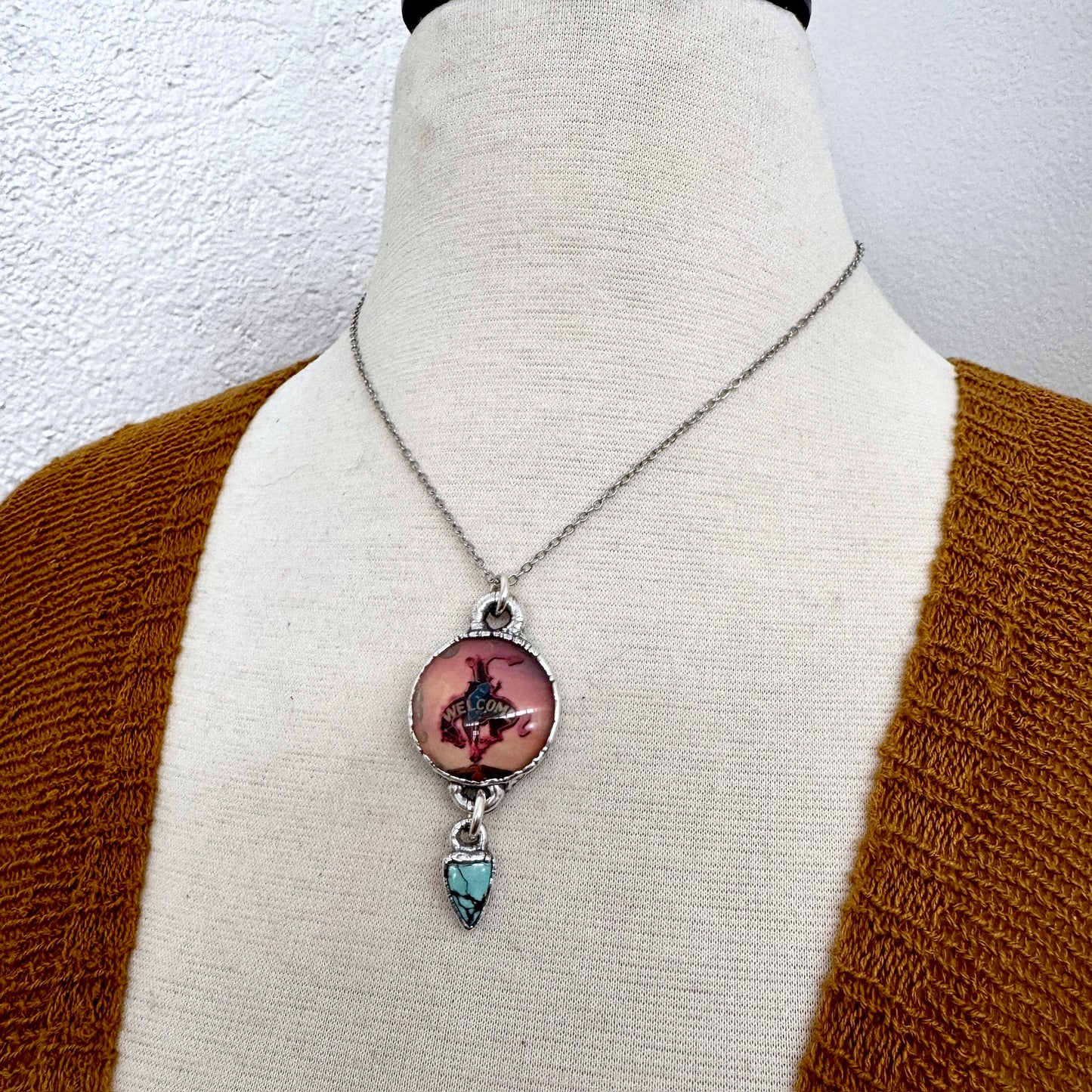 Road To Nowhere - Cowboy Road Sign With Turquoise Charm Necklace Fine Silver - One of a Kind