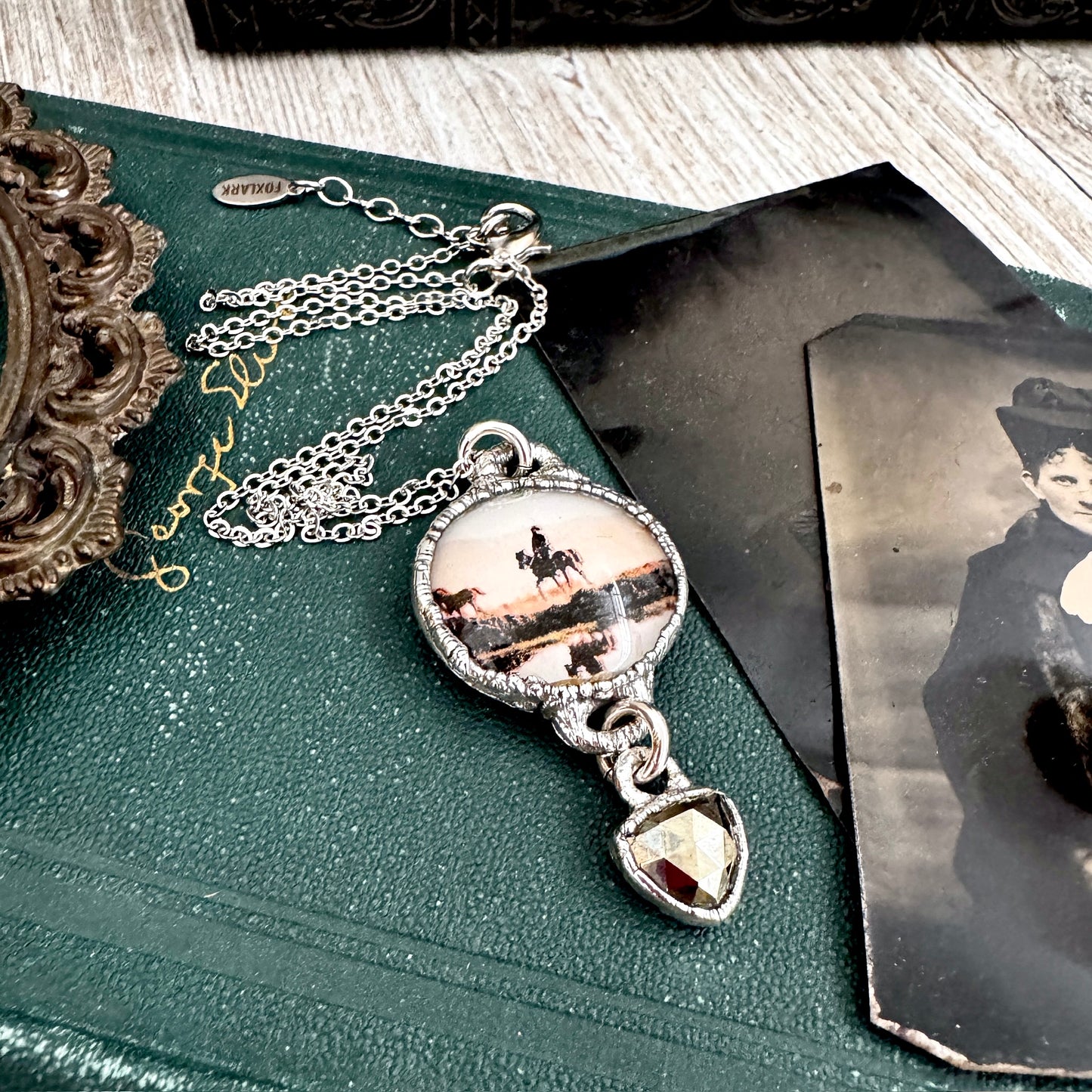 Road To Nowhere - Vintage Cowboy On Horse With Pyrite Charm Necklace Fine Silver - One of a Kind