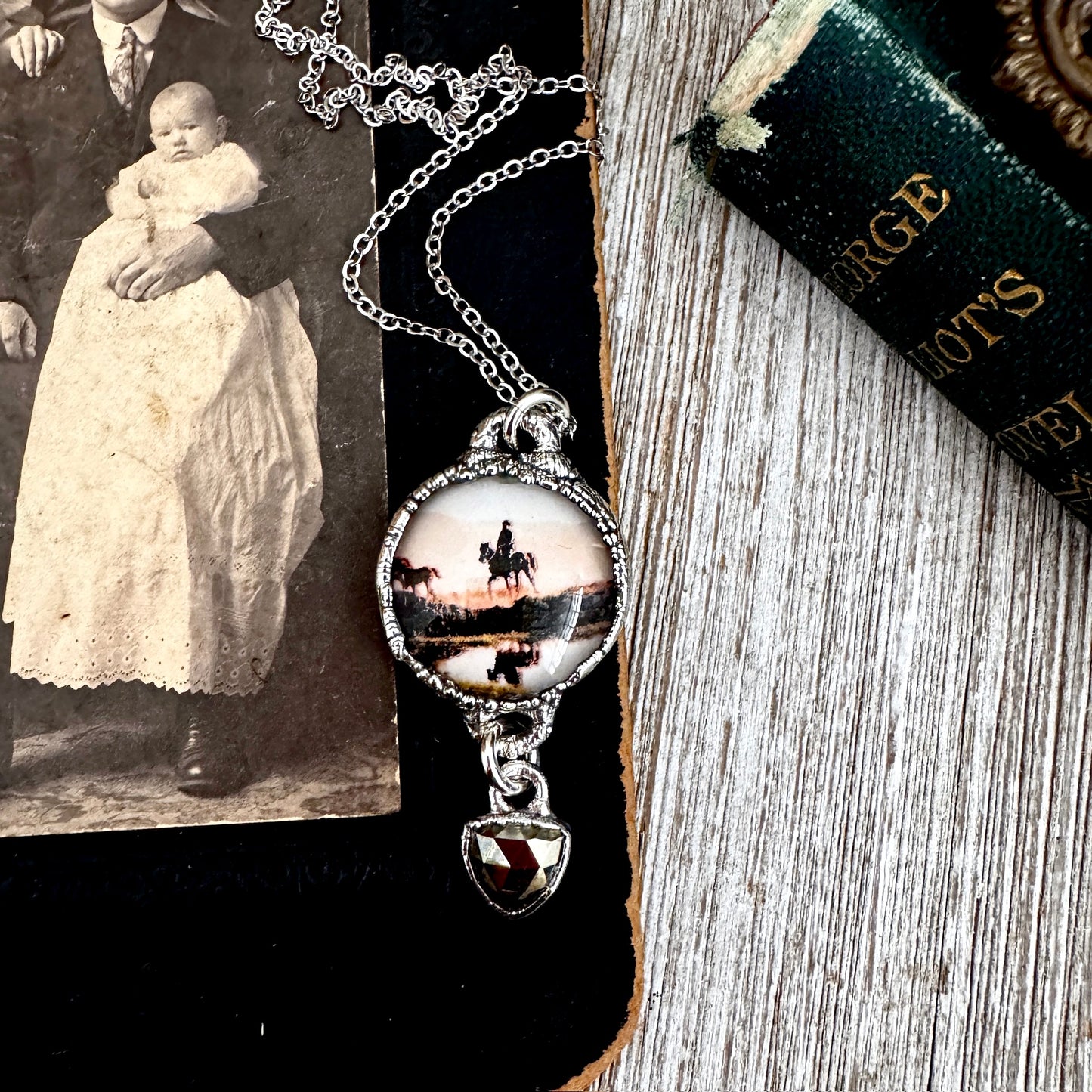 Road To Nowhere - Vintage Cowboy On Horse With Pyrite Charm Necklace Fine Silver - One of a Kind