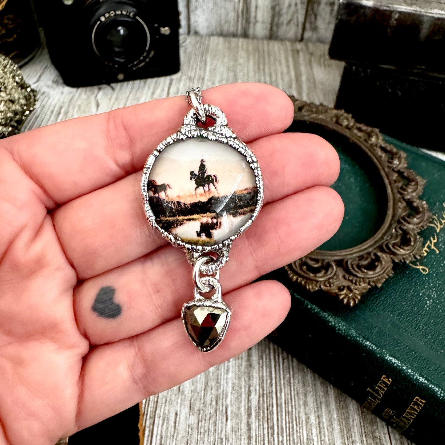 Road To Nowhere - Vintage Cowboy On Horse With Pyrite Charm Necklace Fine Silver - One of a Kind