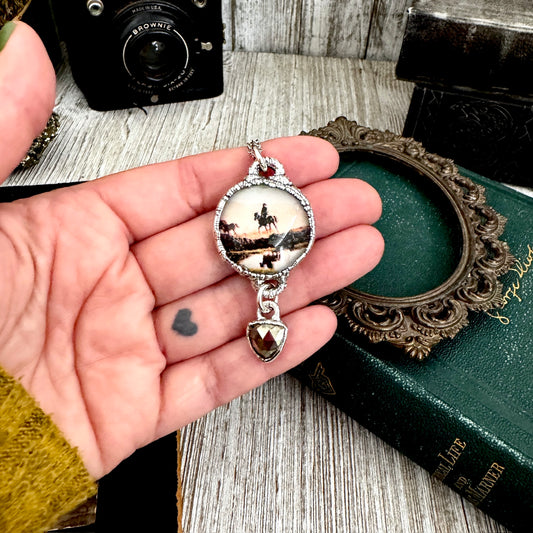 Road To Nowhere - Vintage Cowboy On Horse With Pyrite Charm Necklace Fine Silver - One of a Kind