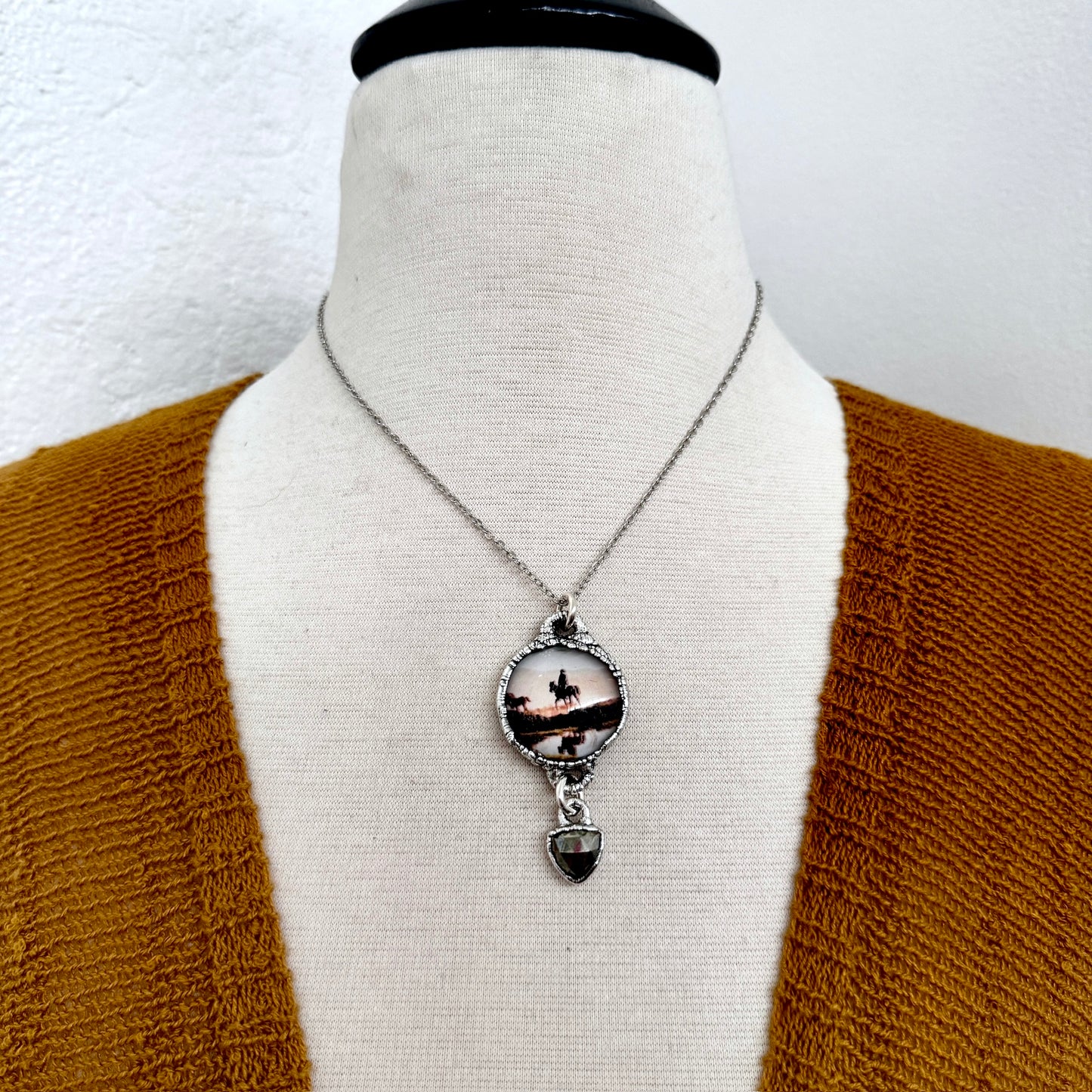 Road To Nowhere - Vintage Cowboy On Horse With Pyrite Charm Necklace Fine Silver - One of a Kind