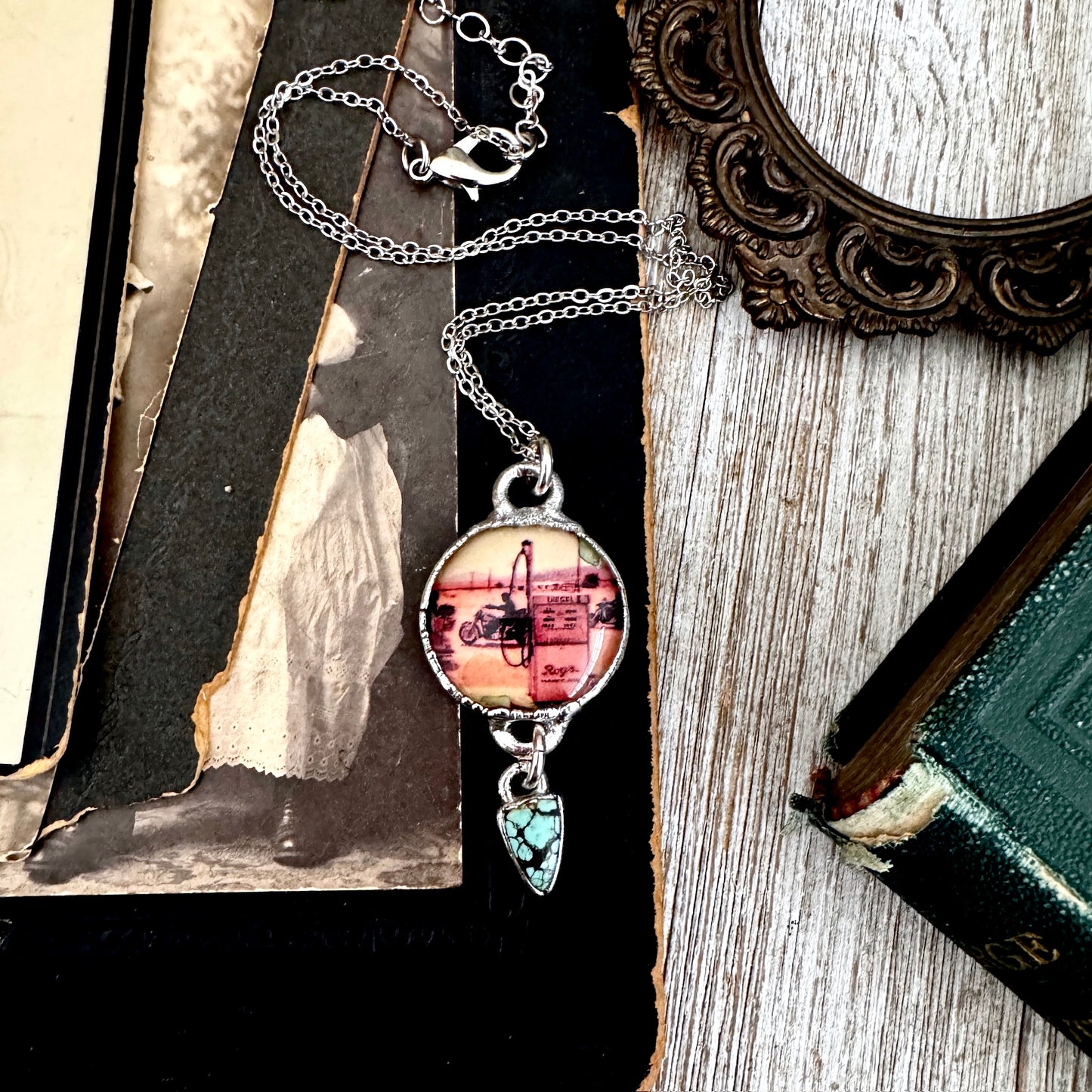 Road To Nowhere - Vintage Motorcycle / Gas Pump With Turquoise Charm Necklace Fine Silver - One of a Kind