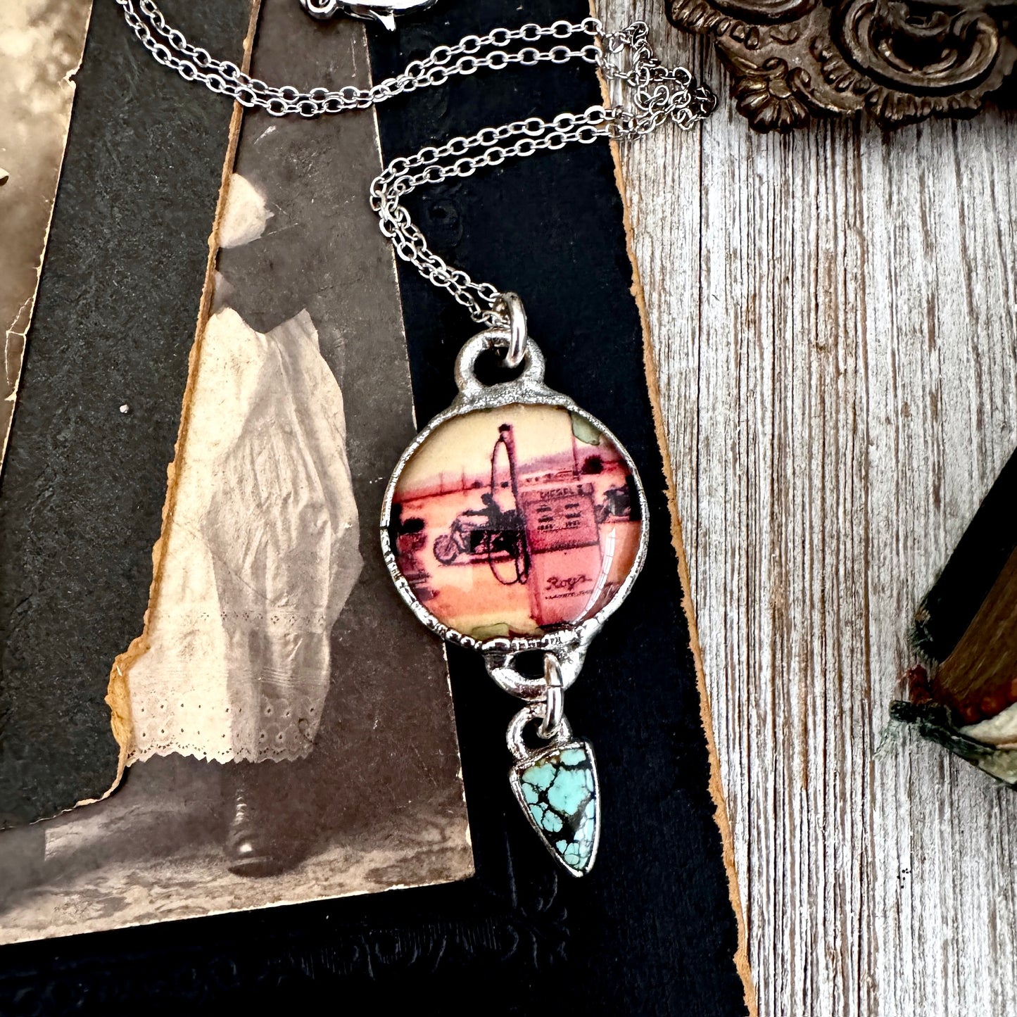 Road To Nowhere - Vintage Motorcycle / Gas Pump With Turquoise Charm Necklace Fine Silver - One of a Kind
