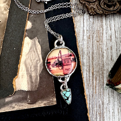 Road To Nowhere - Vintage Motorcycle / Gas Pump With Turquoise Charm Necklace Fine Silver - One of a Kind