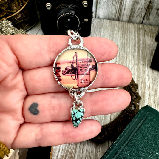 Road To Nowhere - Vintage Motorcycle / Gas Pump With Turquoise Charm Necklace Fine Silver - One of a Kind