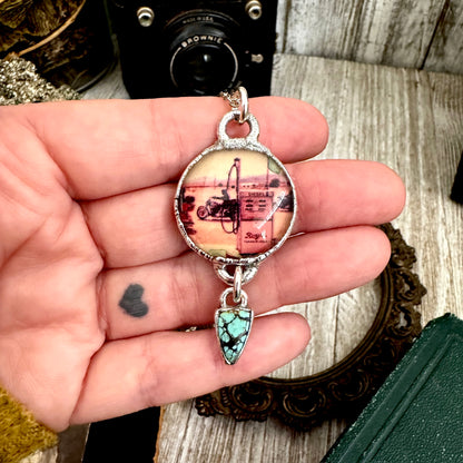 Road To Nowhere - Vintage Motorcycle / Gas Pump With Turquoise Charm Necklace Fine Silver - One of a Kind