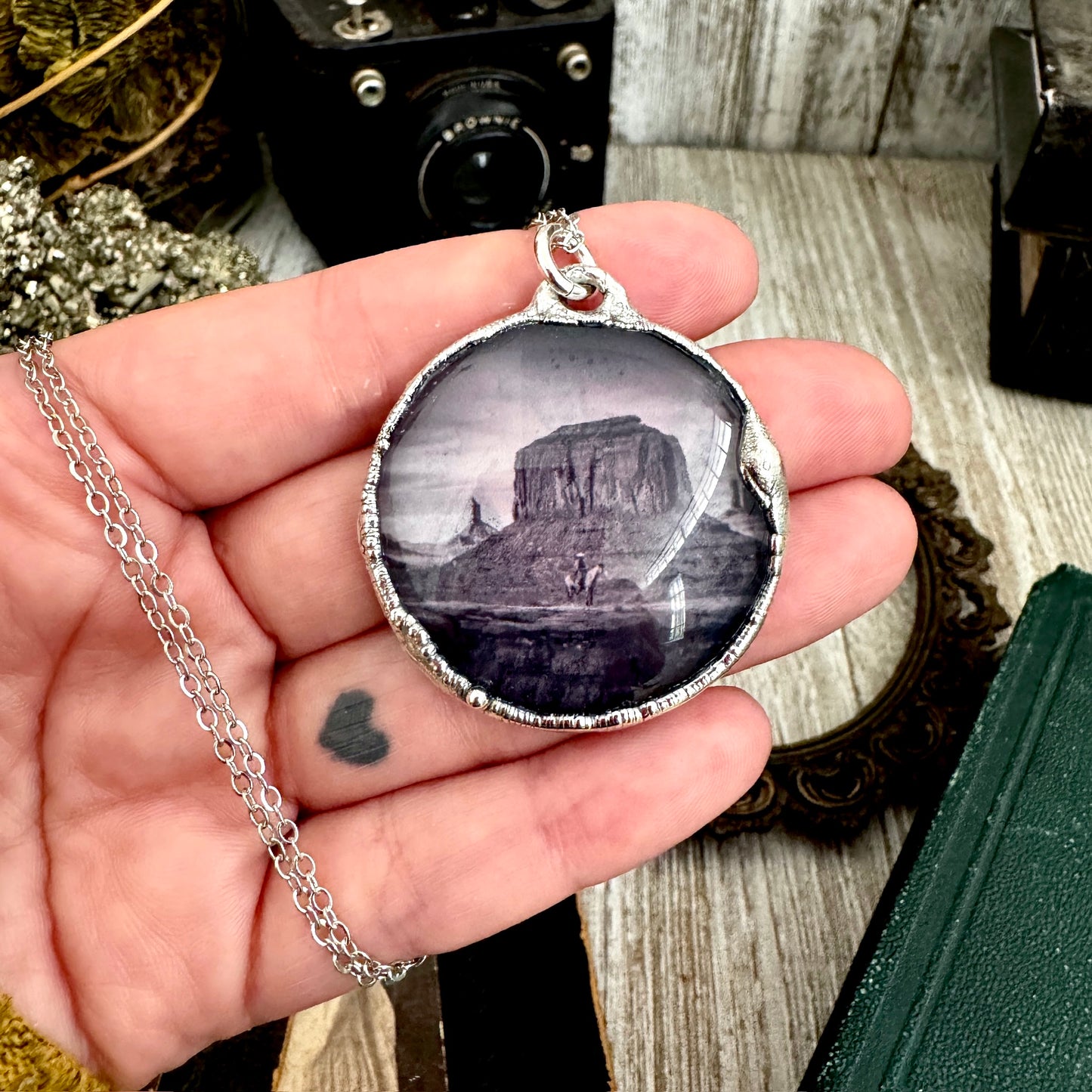 Road To Nowhere - Cowboy on Horse / Desert Necklace Fine Silver - One of a Kind