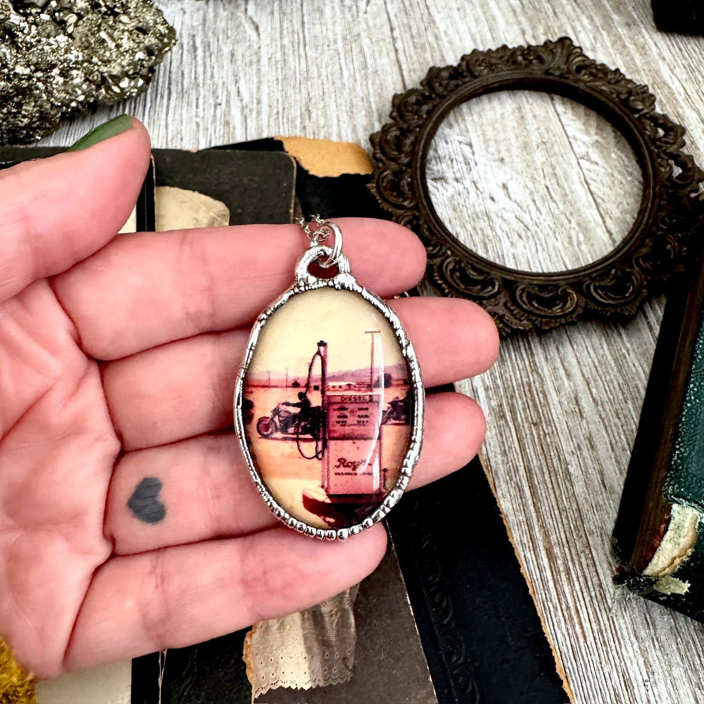 Road To Nowhere - Vintage Motorcycle / Gas Pump Necklace Fine Silver - One of a Kind